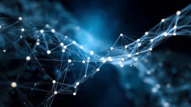 Abstract network connection design featuring strands of interconnected nodes glowing against a light blue background creating a sense of depth and digital complexity