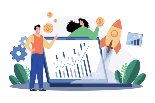 Financial Growth Illustration on Transparent Backdrop Man and Woman Presenting Investment Strategy with Rocket Launch and Rising Chart