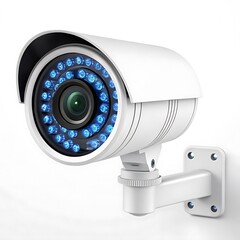 White outdoor security camera with blue led lights for surveillance