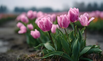 beautiful pink tulips in the field, close-up, blurred background, spring flowers