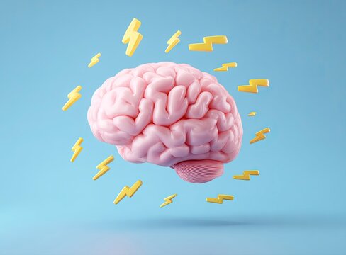Whimsical pink brain cartoon with electrifying yellow lightning bolts conveying creative energy and innovative ideas a fun and modern illustration - Powered by Adobe