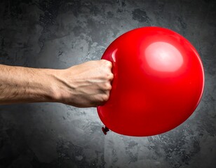 A hand squeezing a red balloon against a textured backdrop