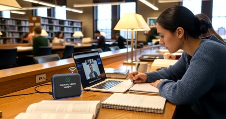 Young woman attending virtual class and taking notes in a well stocked university library creating - Powered by Adobe