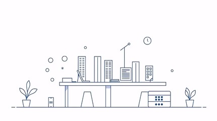 Obraz premium city skyline illustration in simple line art style showing urban buildings, cranes, and construction elements
