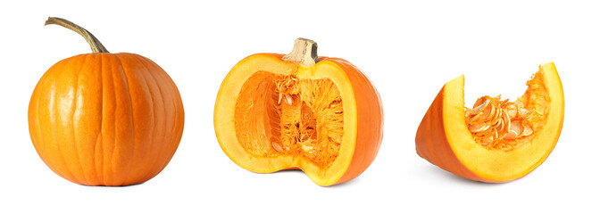 Fresh pumpkin isolated on white, set. Whole and sliced