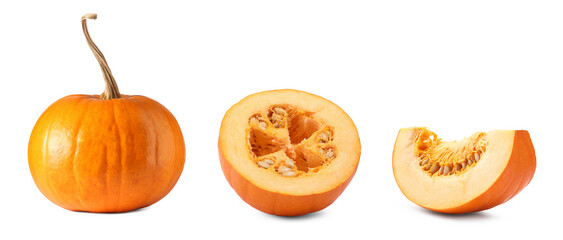Fresh pumpkin isolated on white, set. Whole, half and piece