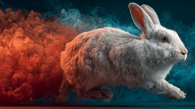 A white rabbit running forward , there arre red and blue smoke effect is behind.