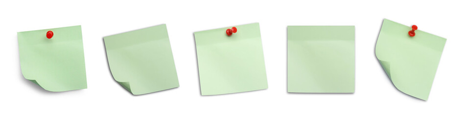Green paper notes isolated on white, set