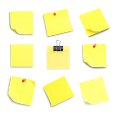 Yellow paper notes isolated on white, set