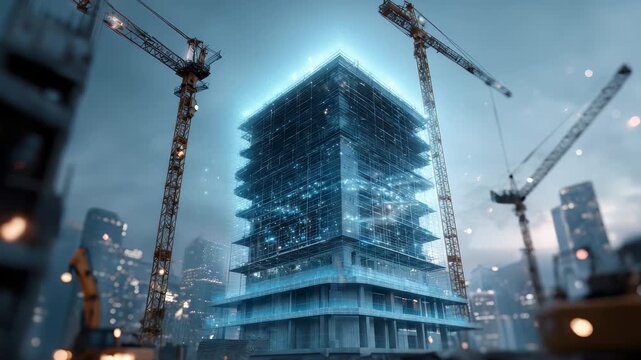 Digital construction site showcasing glowing buildings at dusk with cranes, highlighting innovation and urban development in a bustling city environment