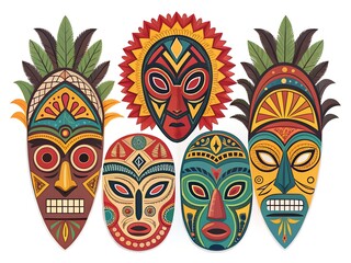 Naklejka premium Colorful tribal masks displayed in symmetrical arrangement with cultural design