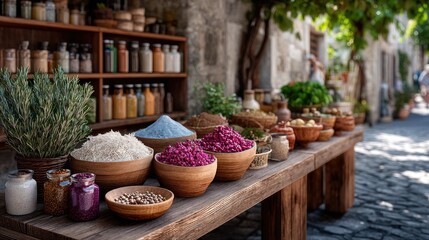 Fototapeta premium Vibrant Spices and Herbs in Rustic Marketplace with Stone Walls, Wooden Shelves, Natural Light, Colorful Variety, Traditional Bowls