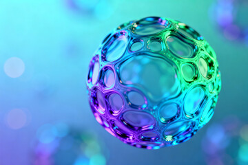 Colorful translucent spherical structure with hexagonal patterns floating against a blurred gradient background