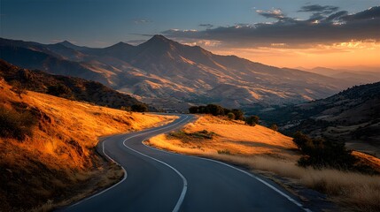 Fototapeta premium Dynamic photograph of a winding asphalt road cutting through a mountain pass during a spectacular golden hour sunset, evoking a sense of journey.