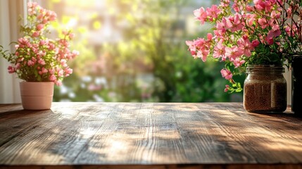 Table Background of Free Space with Kitchen Interior, Spring Flowers, and Sunny Morning