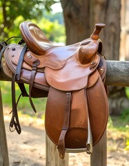 A leather saddle rests on a wooden fence