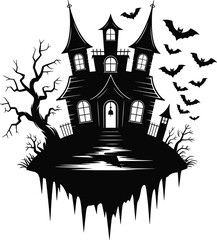 Haunted House Silhouette Vector Featuring Gothic Towers, Floating Land, Bats, and Trees for Halloween, Horror, and Spooky Design Themes
