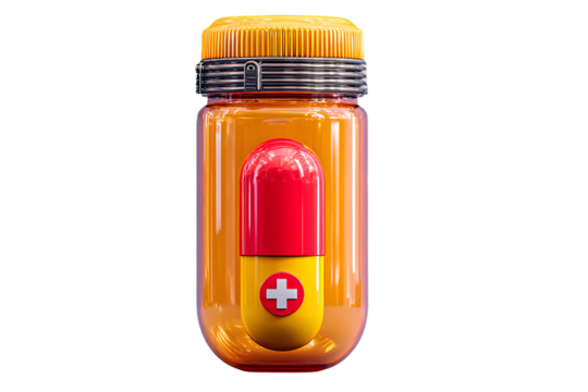 3d Medicine Pill bottle with vitamin capsule icon isolated on blue background. Emergency, Safety, Hospital doctor equipment medic health care concept. Minimal plastic bottle pill icon. 3d render.