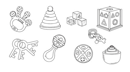 Collection of baby toys and objects drawn in a simple outline style vector