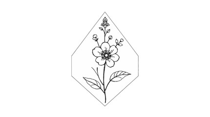 A delicate floral design featuring a blooming flower with leaves and buds, enclosed within a geometric diamond shape.