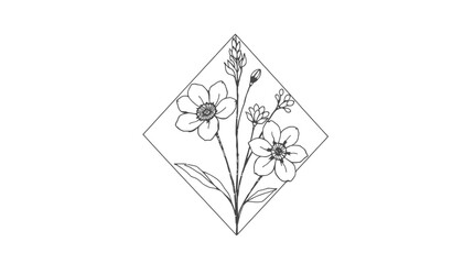 Floral arrangement inside a diamond shape, line art drawing of flowers and leaves.