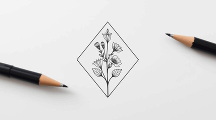 A botanical illustration of flowers and leaves within a diamond frame, flanked by pencils.