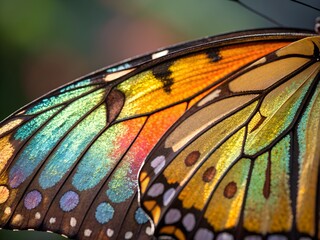 Macro close-up of butterfly wings revealing intricate micro details resembling stained glass