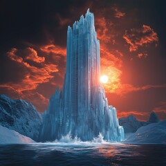 A majestic ice tower rises from the ocean, surrounded by snow-capped mountains under a dramatic sunset sky. The vibrant orange and red clouds contrast with the icy blue structure, creating a surreal