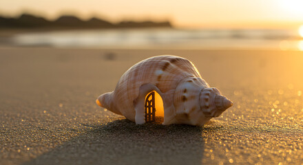 Obraz premium Sunset Action Shot of a Beautiful Sea Shell on Sandy Beach, Nature Photography, Warm Glow, Tranquil Environment, Close-Up View, Serenity Concept
