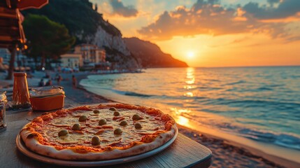Tasty Margherita Pizza with Colorful Olives Served on Picturesque Beach at Sunset