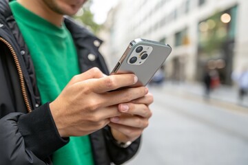 Young man confidently uses modern smartphone outdoors, connecting with the digital world on a busy city street, perfect for tech and lifestyle stories.