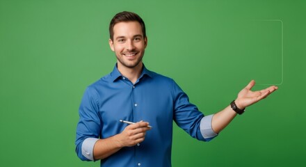 Man pointing with pen to a blank virtual screen. Businessman presenting a transparent display for copy space on green screen.