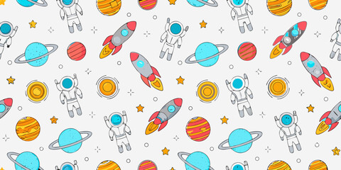 Whimsical space exploration pattern featuring astronauts rockets planets and stars on a white background