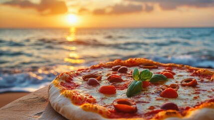 Tasty Margherita Pizza with Colorful Olives Served on Picturesque Beach at Sunset