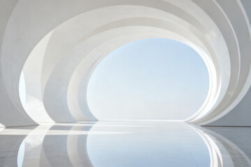 Abstract white curved architecture with reflective floor and sky view