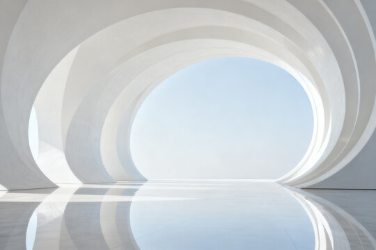 Abstract white curved architecture with reflective floor and sky view
