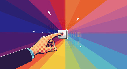 Hand pressing a button with vibrant rainbow background in pop art style