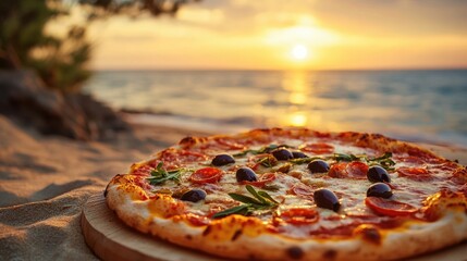 Tasty Margherita Pizza with Colorful Olives Served on Picturesque Beach at Sunset