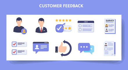 Collection of flat design icons related to customer feedback and ratings