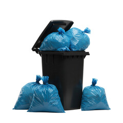 Black wheelie bin with blue garbage bags isolated on transparent background