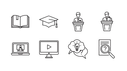 Educational icons set featuring book graduation cap lectern laptop computer brain and magnifying glass vector