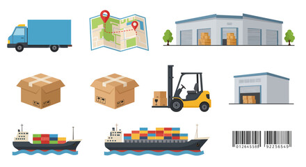 Collection of icons related to logistics shipping warehousing and tracking