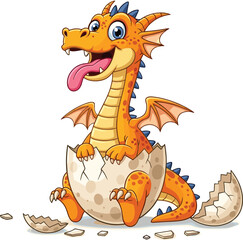 Cartoon baby dragon, hatched from egg, orange creature, blue spikes, fantasy character, vector illustration, white background, cute, playful design