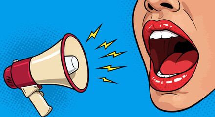 Pop art style illustration of a woman shouting into a megaphone loudly