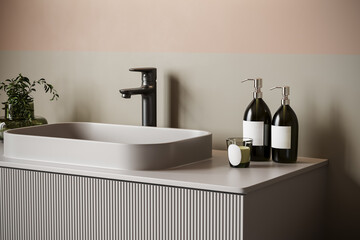 Close-up minimalist bathroom sink with black faucet, glass soap dispensers, and decorative plant. Japandi detail scene with clean lines and elegant styling. 3D render