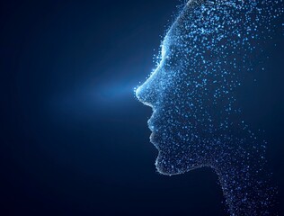 Stunning abstract vector art of a human head profile in profile, crafted from glowing geometric elements, symbolizing intellect, innovation, and digital consciousness, perfect for modern tech themes.