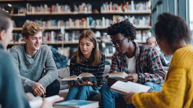Diverse group of students engaged in collaborative study session while reading books in a modern library during afternoon hours