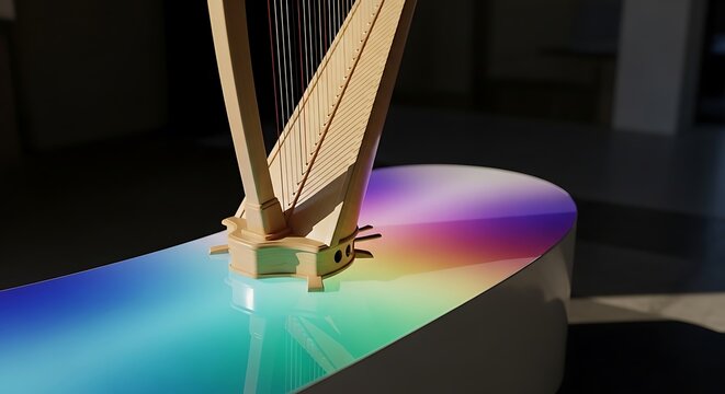 Wooden harp instrument on a colorful light reflecting platform surface - Powered by Adobe