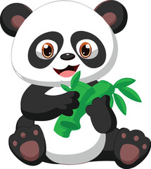 Cartoon panda holding bamboo, black and white bear, smiling face, brown eyes, vector illustration, white background, cute, playful character