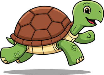Cartoon turtle running, energetic pose, green shell animal, smiling character, vector illustration, white background, fast motion, funny expression